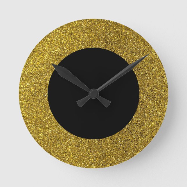 Moderne Schwarz-Gold-Glitzer-Rundmauer Runde Wanduhr (Vorderseite)