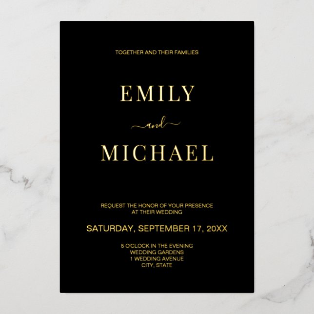 Moderne Schwarz-Gold-Hochzeit Folieneinladung (Vorderseite)