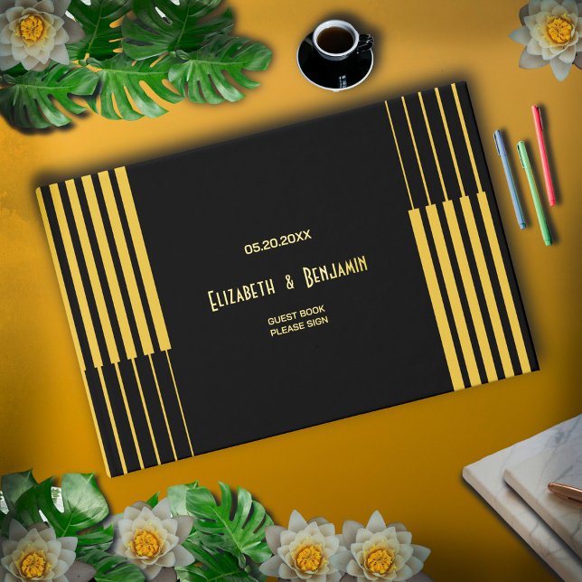 Moderne Schwarz-Gold-Hochzeit Gästebuch (Elegant Modern Black And Gold Wedding Foil Guest Book for wedding and anniversary guest sign in. )