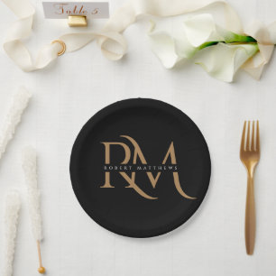 Moderne Schwarz-Gold-Initialen Elegant Mit Monogra Pappteller