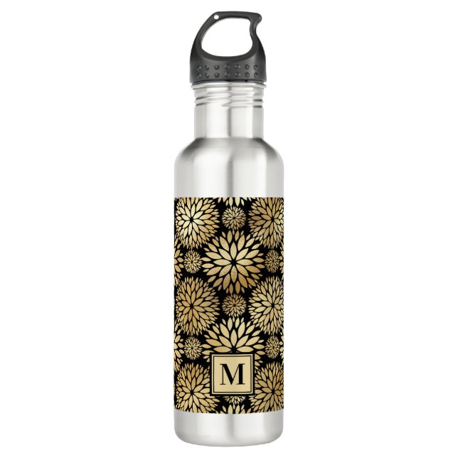 Moderne Schwarz-Gold-Monogramm Edelstahlflasche (Vorderseite)