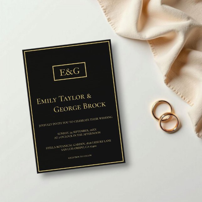 Moderne Schwarz-Gold-Monogramm-Hochzeit Acryleinladungen (Von Creator hochgeladen)