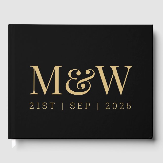 Moderne Schwarz-Gold-Monogramm-Initialen Hochzeit Gästebuch (Vorderseite)