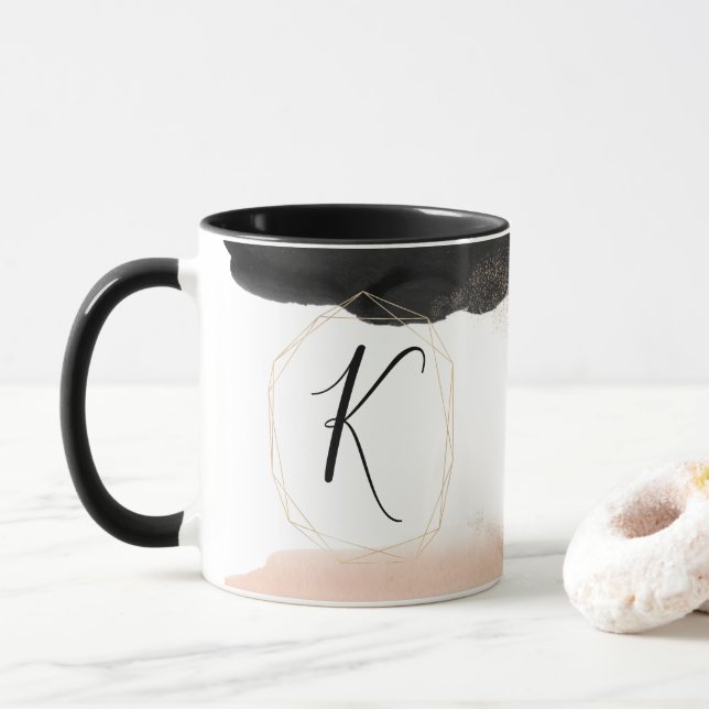 Moderne Schwarz-Gold-Monogramm Tasse (Mit Donut)