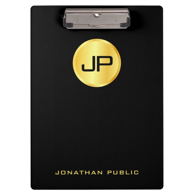 Moderne Schwarz-Gold-Monogramm-Vorlage Klemmbrett (Vorderseite)