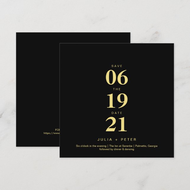 Moderne Schwarz-Gold-Platz-Hochzeit Save the Date Einladung (Vorne/Hinten)