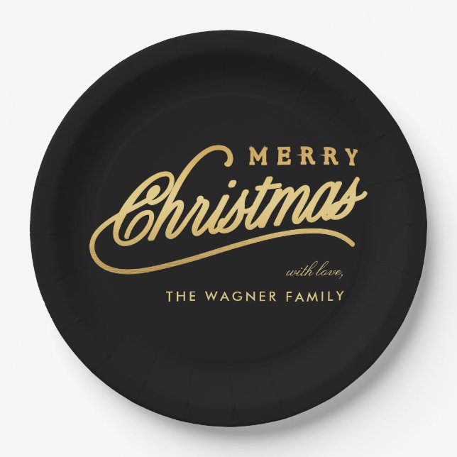 Moderne Schwarz & Gold Script Frohe Weihnachten Pappteller (Vorderseite)