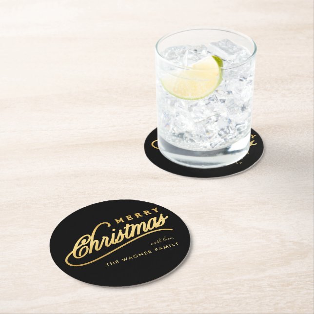 Moderne Schwarz & Gold Script Frohe Weihnachten Runder Pappuntersetzer (Vor Ort)