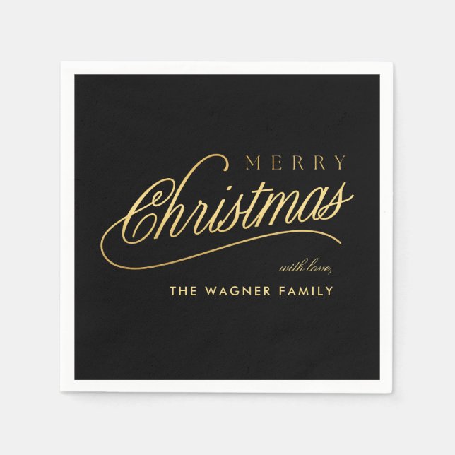 Moderne Schwarz & Gold Script Frohe Weihnachten Serviette (Vorderseite)