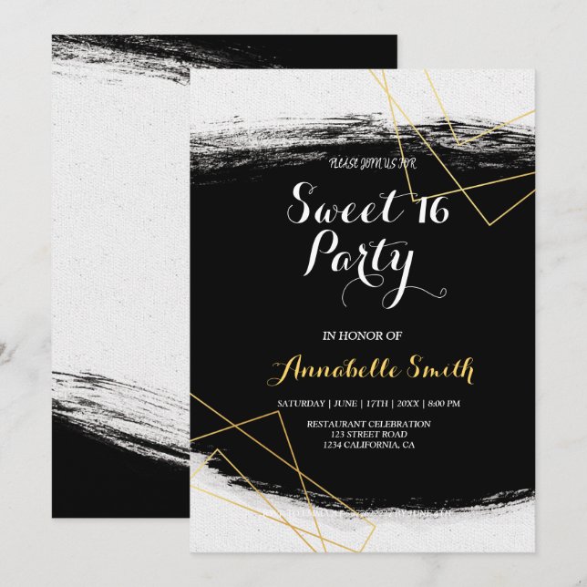 Moderne Schwarz & Gold Wasserfarbe Geometrische Sü Einladung (Vorne/Hinten)