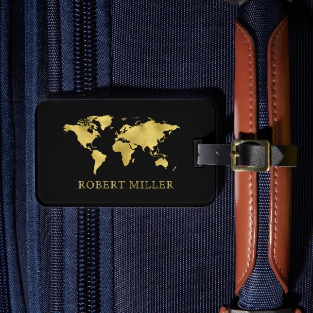 Moderne Schwarz/Gold-Weltkarte Personalisiert Gepäckanhänger (Vorderseite Insitu 4)