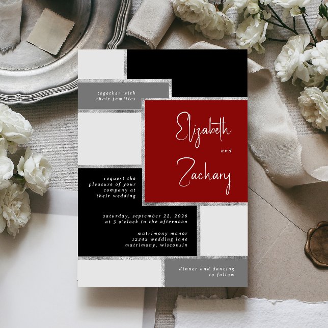 Moderne Schwarz-Grau-Silberhochzeit Einladung (A unique choice for a wedding with a black, white, red and silver palette.)