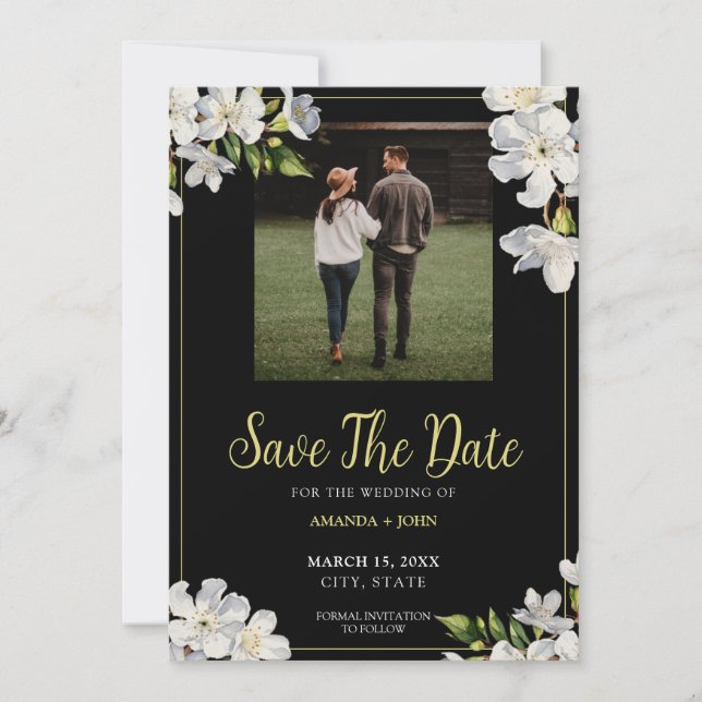 Moderne Schwarz-Grün-Jasmine-Blumen Save the Date (Vorderseite)