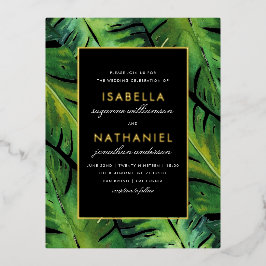 Moderne Schwarz-Grün-Tropen-Blätter Hochzeiten Folie Einladungspostkarte
