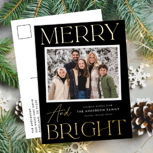 Moderne Schwarz Merry and Bright Foto Folien Feiertagspostkarte
