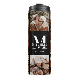 Moderne Schwarz Mit Monogramm & Fotocollage Thermosbecher