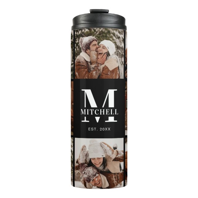 Moderne Schwarz Mit Monogramm & Fotocollage Thermosbecher (Vorderseite)