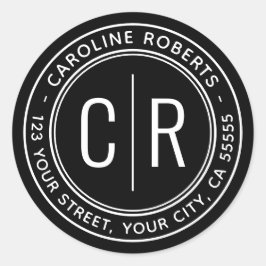 Moderne Schwarz-Monogramm-Initial-Rücksendeadresse Runder Aufkleber