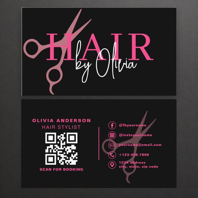 Moderne Schwarz-Rosa-Schere QR-Code Haarstylistin Visitenkarte (Von Creator hochgeladen)