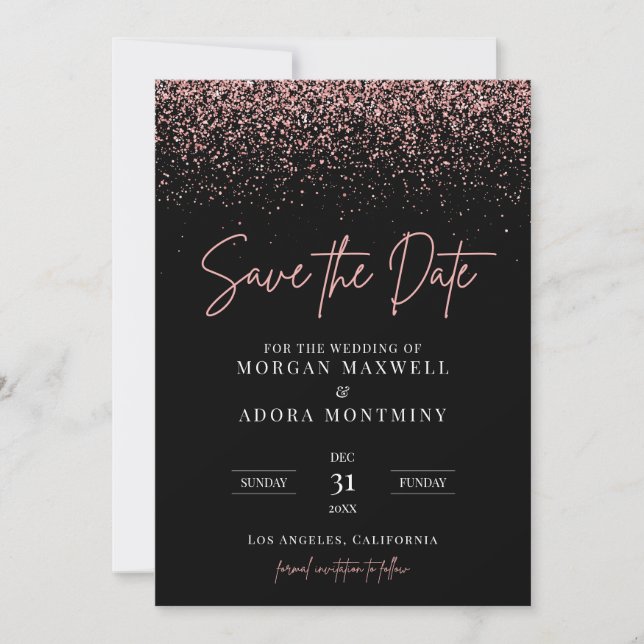 Moderne Schwarz-Rose-Gold-Glitzer-Hochzeit Save The Date (Vorderseite)