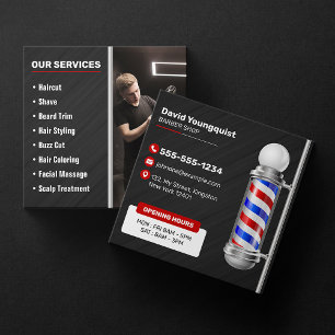 Moderne Schwarz & Rot Friseurstangen Hairstylist B Quadratische Visitenkarte