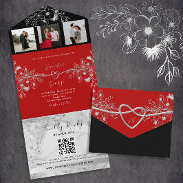 Moderne Schwarz-Rot-QR-Hochzeit All In One Einladung