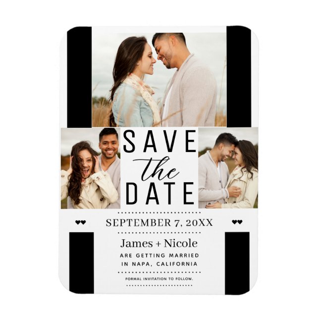Moderne Schwarz Save the Date 3 Foto Hochzeit Magnet (Vertikal)