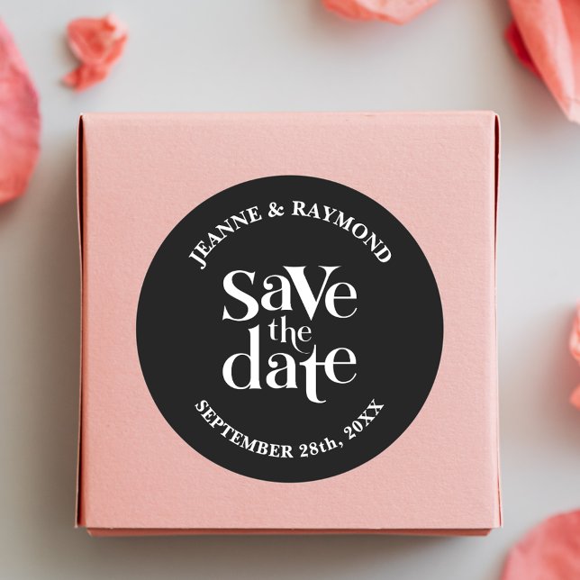 Moderne Schwarz-Save the Date-Hochzeitsankündigung Runder Aufkleber (Von Creator hochgeladen)