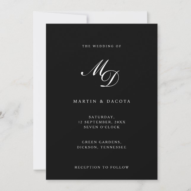 Moderne Schwarz-Script-Initials-Monogram-Hochzeit Einladung (Vorderseite)
