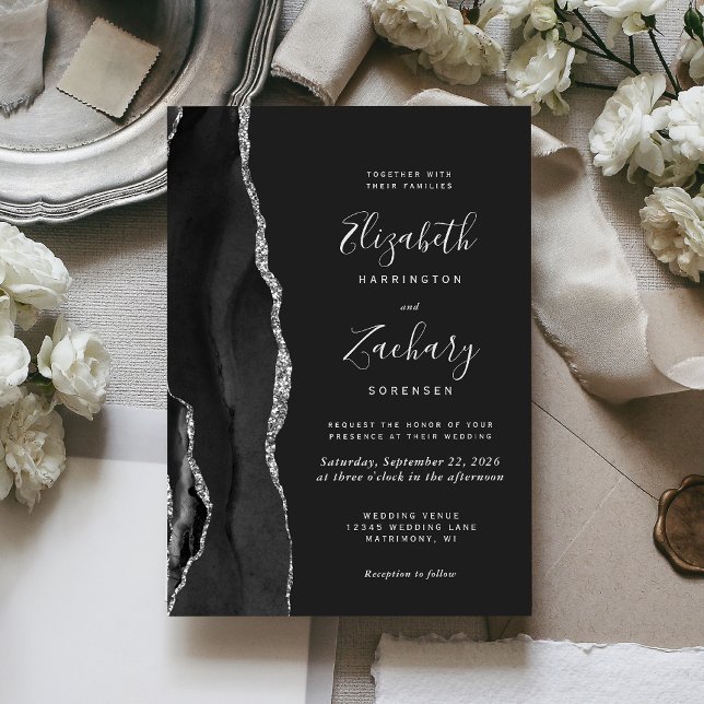 Moderne Schwarz Silber Agate Dunkle Hochzeit Einla Einladung (Von Creator hochgeladen)