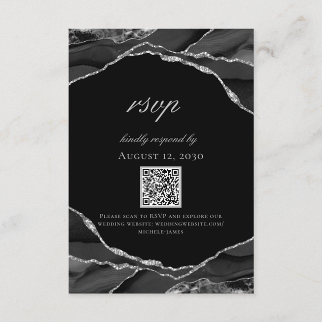 Moderne Schwarz-Silber-Foil-Agate-Hochzeit RSVP Karte (Vorderseite)