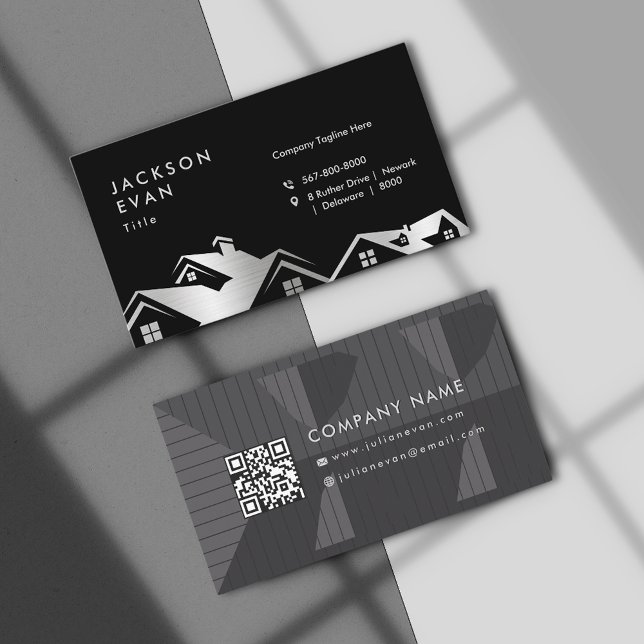 Moderne, schwarz-silberne Dachkonstruktion Visitenkarte (Modern Black & Silver Roofing Construction Repair Business Card)