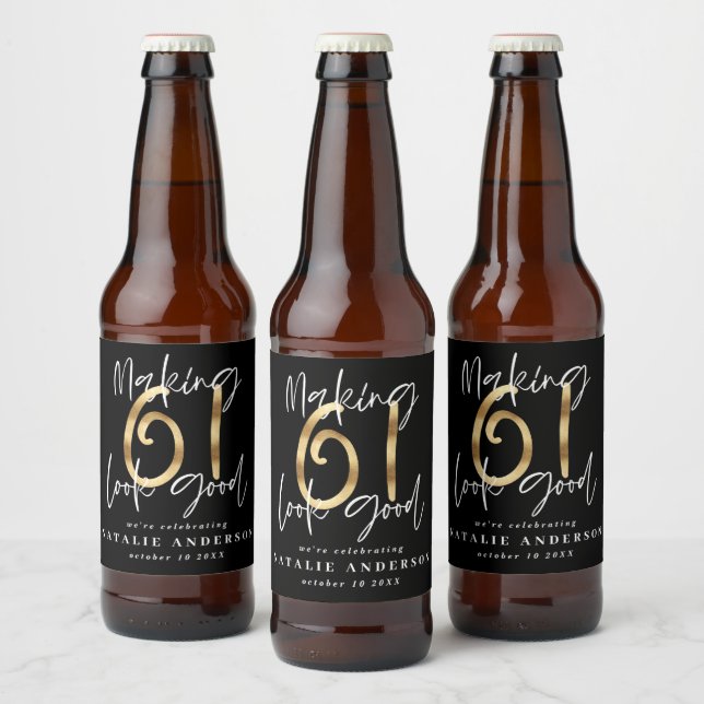 Moderne Schwarz und Gold 61. Geburtstagsfeier Bierflaschenetikett (Flaschen)