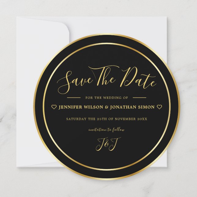 Moderne Schwarz und Gold Elegante Einfache Runde Save The Date (Vorderseite)