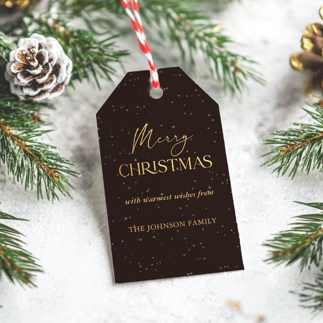 Moderne Schwarz und Gold Frohe Weihnachtsfamilie N Geschenkanhänger (Elegant black and gold-effect 'Merry Christmas' personalized name tags)