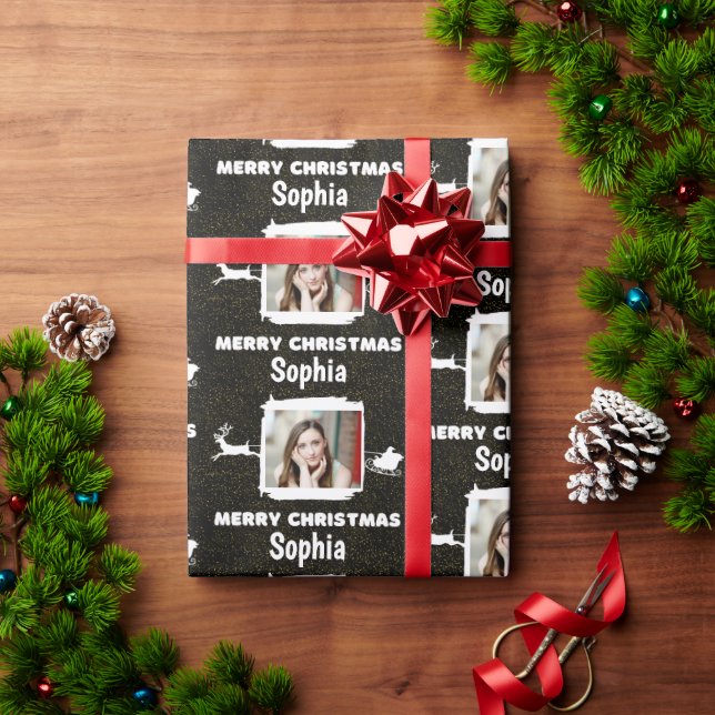 Moderne Schwarz und Weiß 1 Foto Frohe Weihnachten Geschenkpapier (Feiertagsgeschenk)