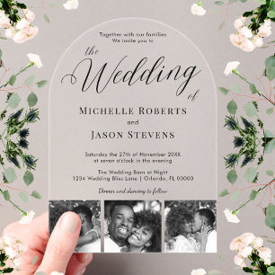 Moderne Schwarz und Weiß 3 Foto Strip Wedding Acryleinladungen