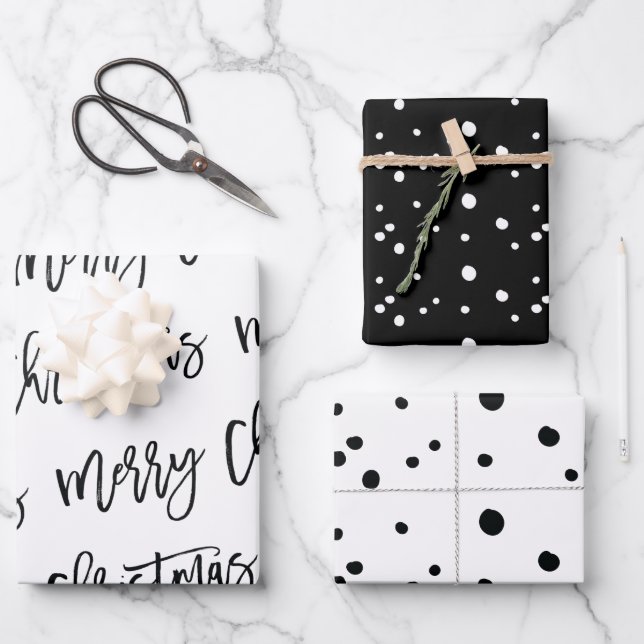 Moderne Schwarz und Weiß frohe Weihnachtskalligrap Geschenkpapier Set (Vorderseite)