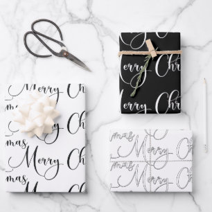 Moderne Schwarz und Weiß frohe Weihnachtskalligrap Geschenkpapier Set