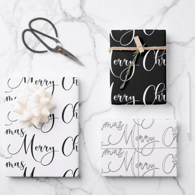 Moderne Schwarz und Weiß frohe Weihnachtskalligrap Geschenkpapier Set (Vorderseite)