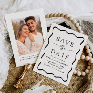 Moderne Schwarz-Wavy-Frame-Foto-Hochzeit Save The Date