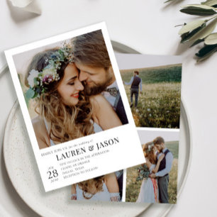 Moderne Schwarz-Weiß-4-Foto-Hochzeit Einladung