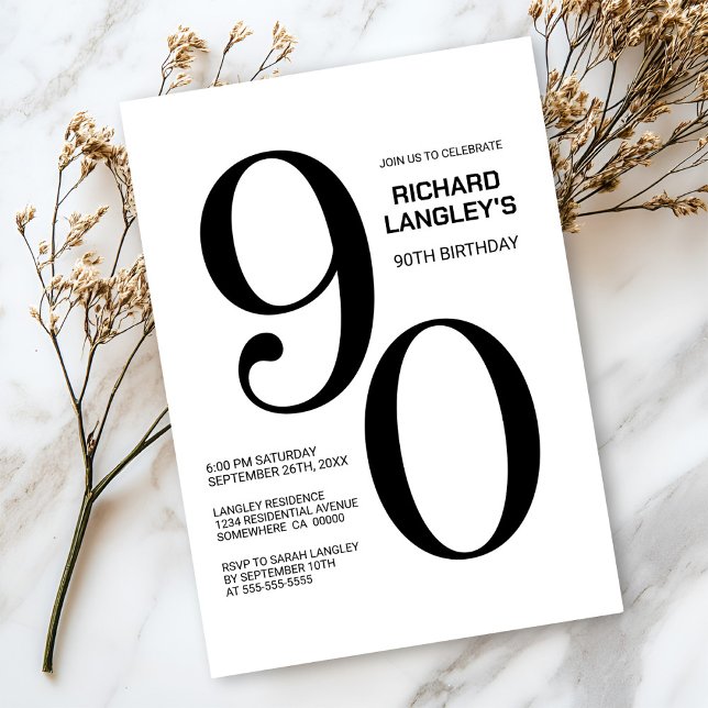 Moderne Schwarz-Weiß 90. Geburtstagsparty Einladung (Von Creator hochgeladen)