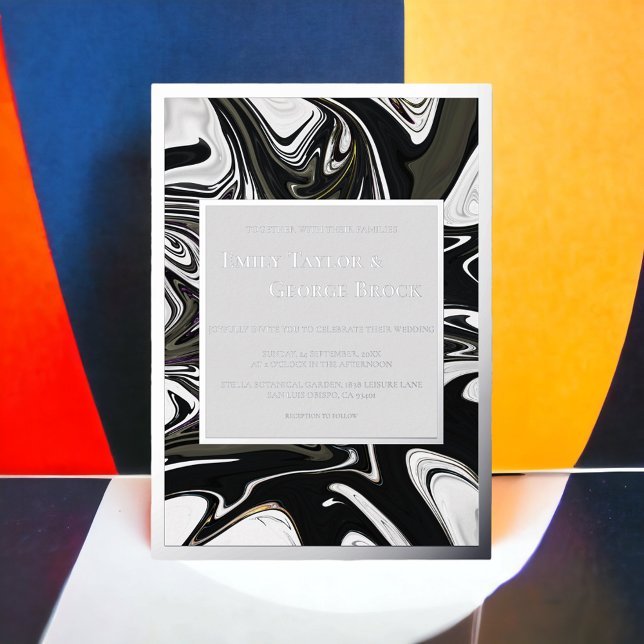 Moderne Schwarz-Weiß-Abstrakte Minimalhochzeit Folieneinladung (Von Creator hochgeladen)