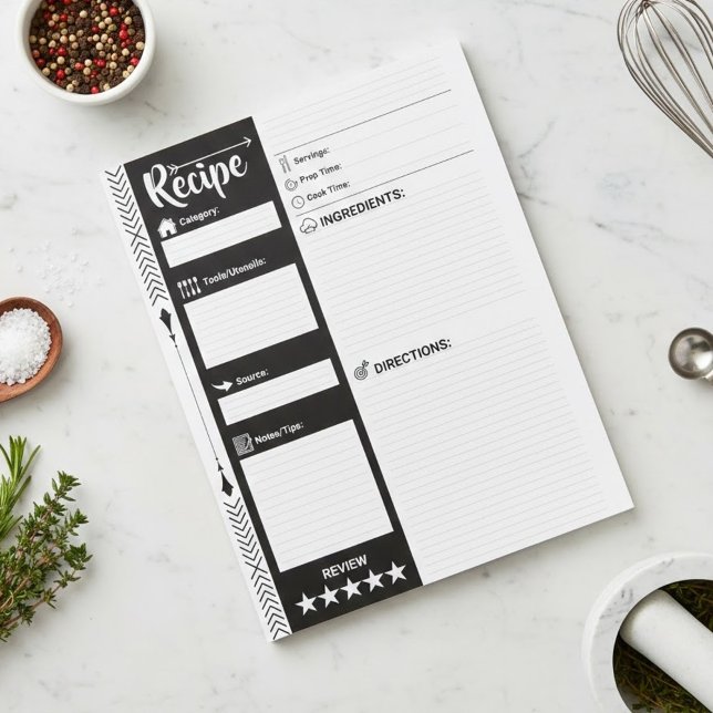Moderne Schwarz-Weiß-Blätter | Leere Rezeptseiten Notizblock (Blank Cooking Paper for DIY Cookbook & Personalized Meal Organizer | 40 sheets | Family Owned Brand)