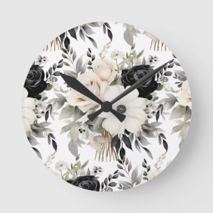 Moderne Schwarz-Weiß-Blume-Blumenuhr Runde Wanduhr