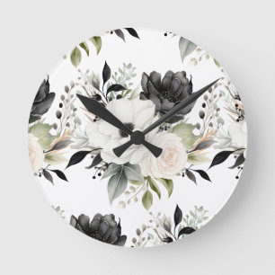 Moderne Schwarz-Weiß-Blume-Blumenuhr Runde Wanduhr