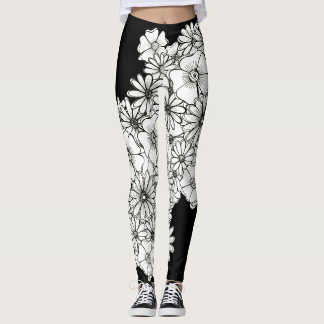 Moderne Schwarz-Weiß-Blume Leggings (Vorderseite)