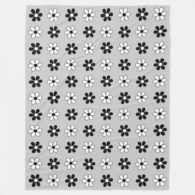 Moderne Schwarz-Weiß-Blumen auf hellgrauem Silber Fleecedecke (Vorderseite)