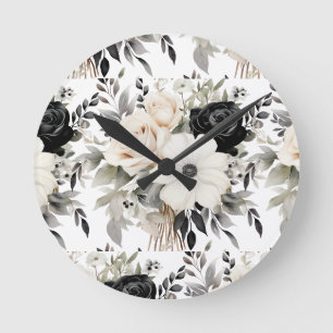 Moderne Schwarz-Weiß-Blumen-Blumenuhr Runde Wanduhr